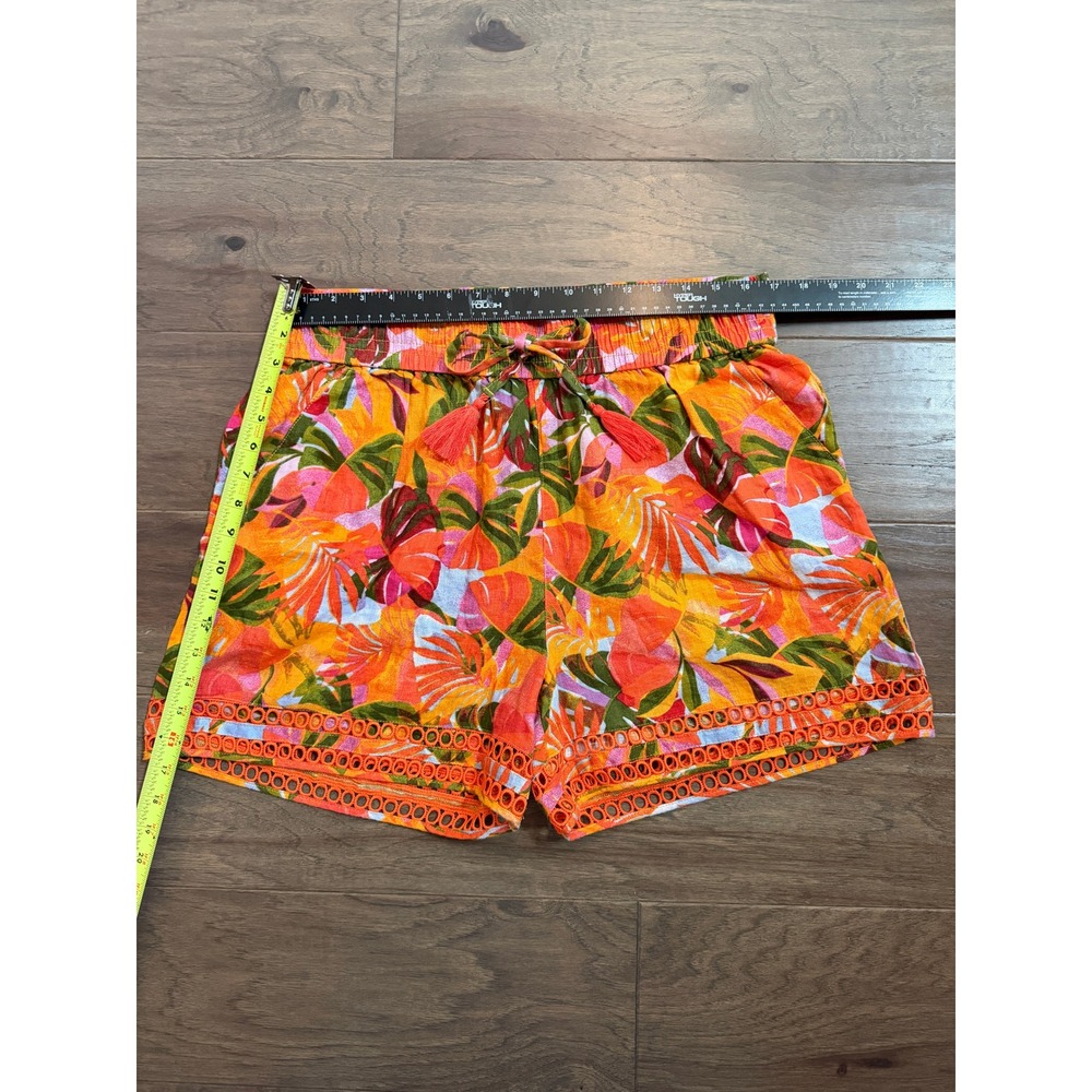 C&C California Women XL Orange Tropical Linen Shorts Boho Eyelet Tassel Trim - Picture 5 of 7